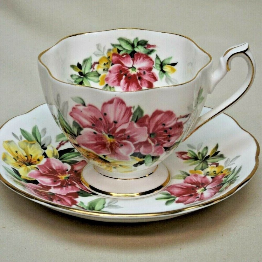 Queen Anne Fine Bone China England Pink & Yellow Azalea Footed Tea Cup & Saucer